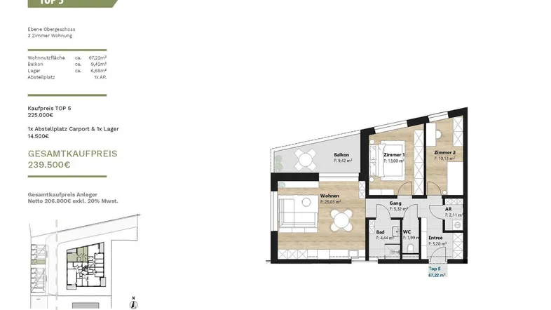 Grundriss einer 3-Zimmer-Wohnung mit offenem Wohnbereich, zwei Schlafzimmern und Balkon.