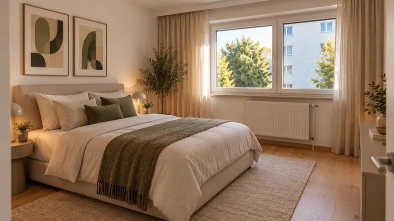 Helles Schlafzimmer mit großem Fenster, Holzboden und moderner Einrichtung.