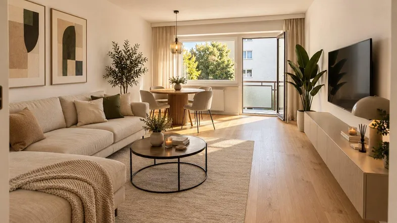 Lichtdurchfluteter Wohn-Essbereich mit Balkonzugang, Holzboden und moderner Einrichtung.