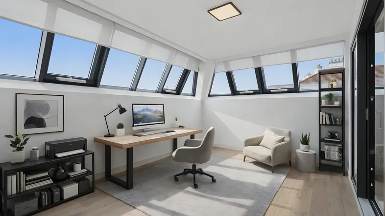 Modernes Arbeitszimmer mit Dachschrägenfenstern, Holzboden und minimalistischer Einrichtung für produktives Arbeiten.
