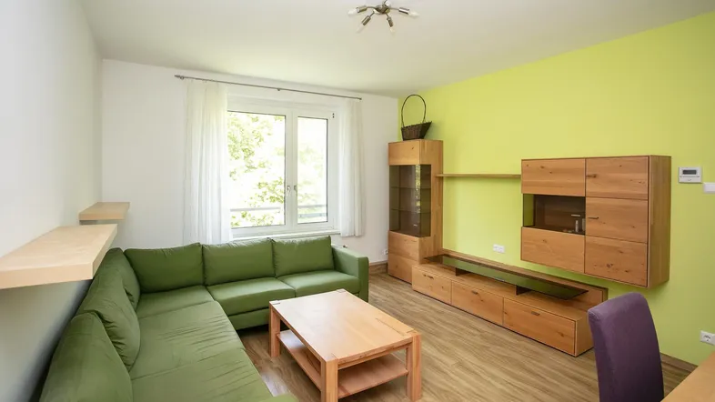 Helles Wohnzimmer mit grün gestrichener Akzentwand, Holzmöbeln und einem bequemen Ecksofa.