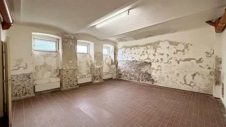 Geräumiger Kellerraum mit Fliesenboden, abblätternder Farbe und sichtbaren Rohren, der Renovierung benötigt.
