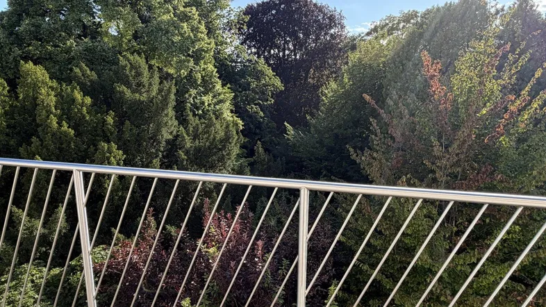 Blick von einem Balkon mit modernem Geländer auf üppiges Grün und Bäume.