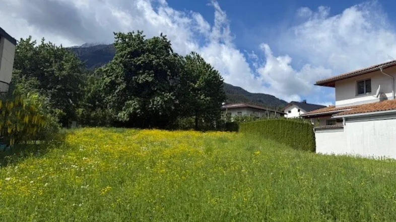 Wiese mit gelben Blumen, Bäumen und einem Haus im Hintergrund, umgeben von Bergen unter blauem Himmel.