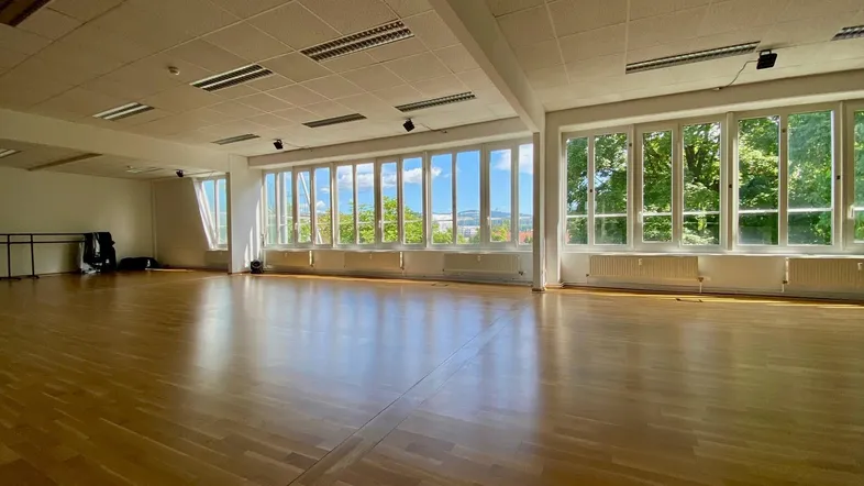Großer, heller Raum mit Holzboden und vielen Fenstern, die einen grünen Ausblick bieten.