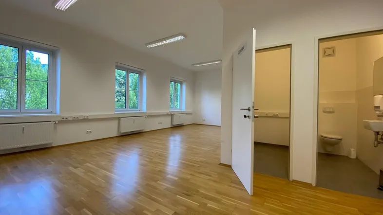 Heller Büroraum mit Parkettboden und mehreren Fenstern, die einen Blick ins Grüne bieten.