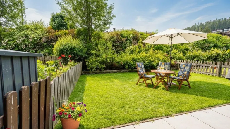 Gepflegter Gartenbereich mit Rasenfläche, Holzzaun und gemütlicher Sitzgruppe unter einem Sonnenschirm.