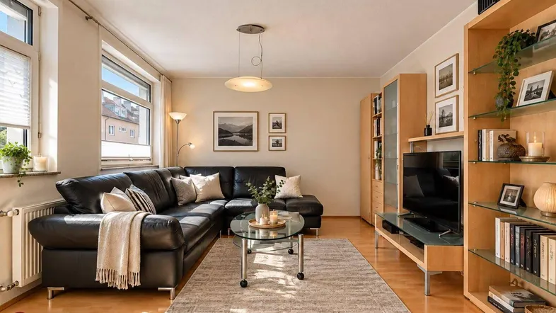 Helles Wohnzimmer mit beigen Wänden, Parkettboden und einer schwarzen Ledercouch.
