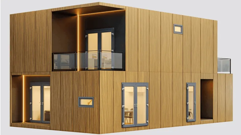 Moderne modulare Architektur mit Holzfassade und integrierten Balkonen, beleuchtet für eine warme Atmosphäre.