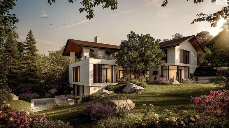 Moderne Villa mit weitläufigem Garten, umgeben von Bäumen und Natur, bei Sonnenuntergang.