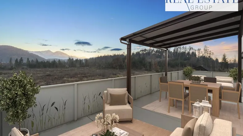 Gerenderte Terrasse mit Ess- und Loungebereich, umgeben von Natur und Bergblick.
