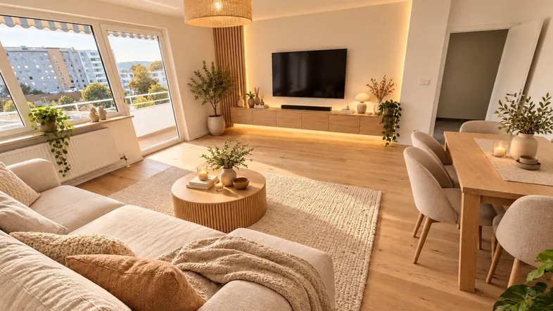 Helles, modern eingerichtetes Wohn-Esszimmer mit Holzboden, Balkonzugang und indirekter Beleuchtung.