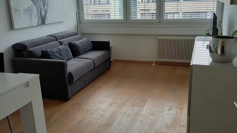 Helles Wohnzimmer mit bequemer Couch, Holzfußboden und großen Fenstern mit Blick nach draußen.