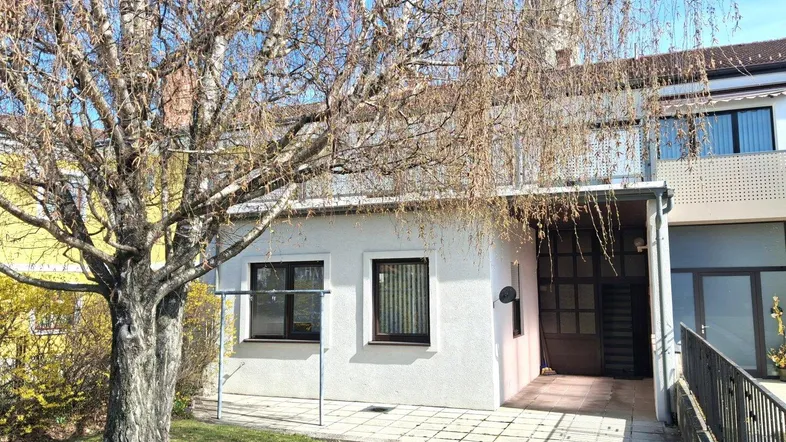 Kleines Haus mit Gartenbereich und gepflasterter Terrasse unter einem Baum an einem sonnigen Tag.
