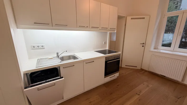 Moderne Einbauküche mit weißen Schränken, integriertem Geschirrspüler und Holzboden.