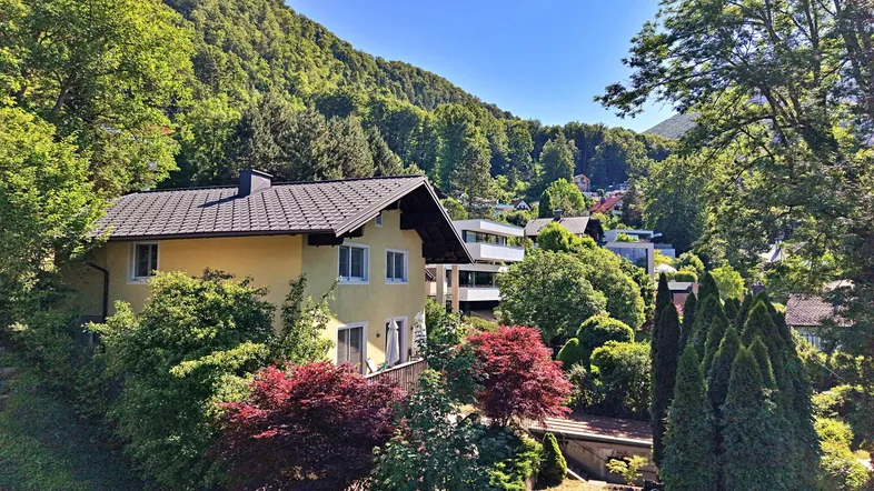 Gelbes Haus mit dunklem Dach, umgeben von üppiger Vegetation und Bergen im Hintergrund.