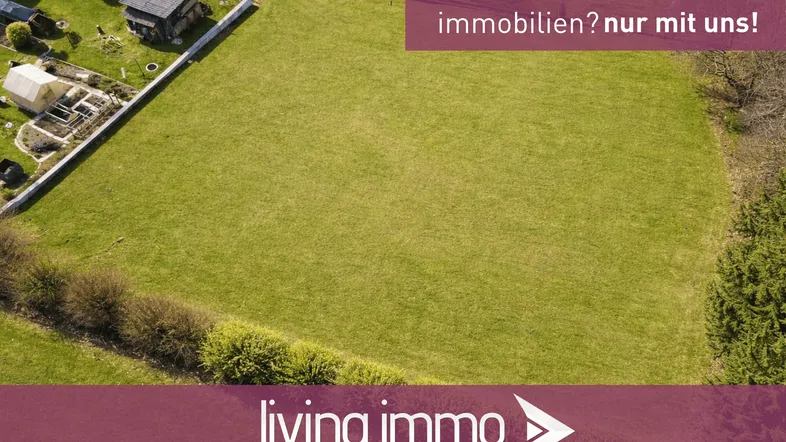 Luftaufnahme eines großen grünen Grundstücks mit umliegenden Gebäuden und Bäumen unter hellem Himmel.