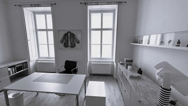 Helles Büro mit zwei großen Fenstern, einem Schreibtisch und modernen Schränken, das eine elegante Arbeitsumgebung bietet.