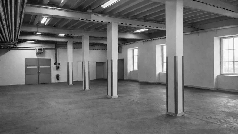 Großer, leerer Raum mit Betonboden, tragenden Säulen und hohen Fenstern, ideal für gewerbliche Nutzung.