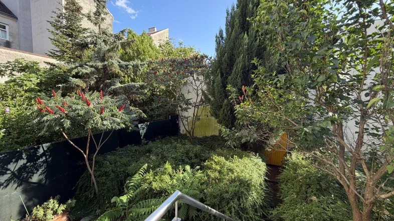 Üppiger Gartenbereich mit vielfältiger Bepflanzung und hohen Bäumen, umgeben von Gebäuden.