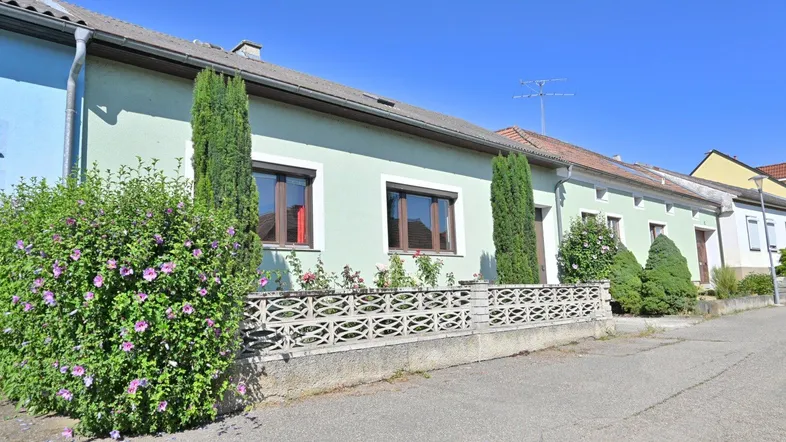 Ansicht der Hausfassade mit Vorgarten und Straße an einem sonnigen Tag.
