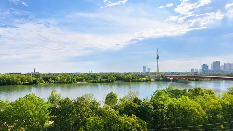 Panoramablick über einen Fluss mit grünen Ufern und einer Stadtkulisse im Hintergrund unter blauem Himmel.