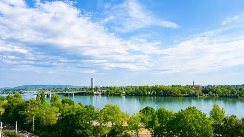 Weiter Blick über einen Fluss mit grünen Ufern und einer Brücke, umgeben von Natur.