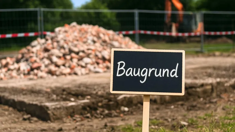 Schild mit der Aufschrift 'Baugrund' auf einem Grundstück mit Schutt und Bagger im Hintergrund.