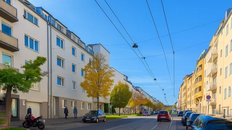 Blick auf eine belebte Straße mit mehrstöckigen Wohngebäuden und Bäumen unter blauem Himmel.