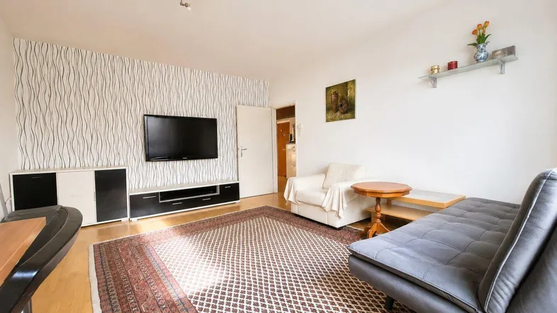 Gemütliches Wohnzimmer mit Sofa, Teppich und einem modernen TV-Möbel an der Wand.