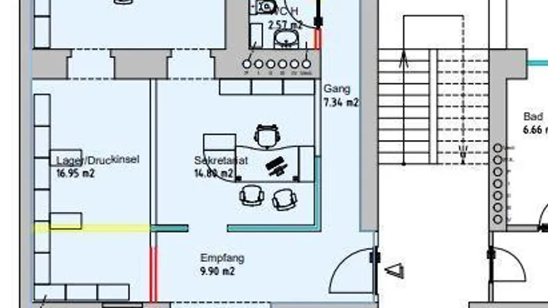 Grundriss einer Büroetage mit mehreren Büros, Empfangsbereich, Aufenthaltsraum und Loggia.