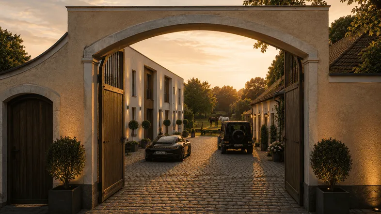 Eingangstor zu einem luxuriösen Anwesen mit gepflastertem Hof und modernen Gebäuden bei Sonnenuntergang.