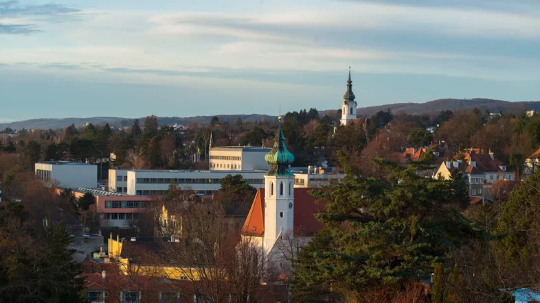 Panoramablick über eine Stadt mit Kirchen, Gebäuden und grünen Hügeln bei Sonnenuntergang.