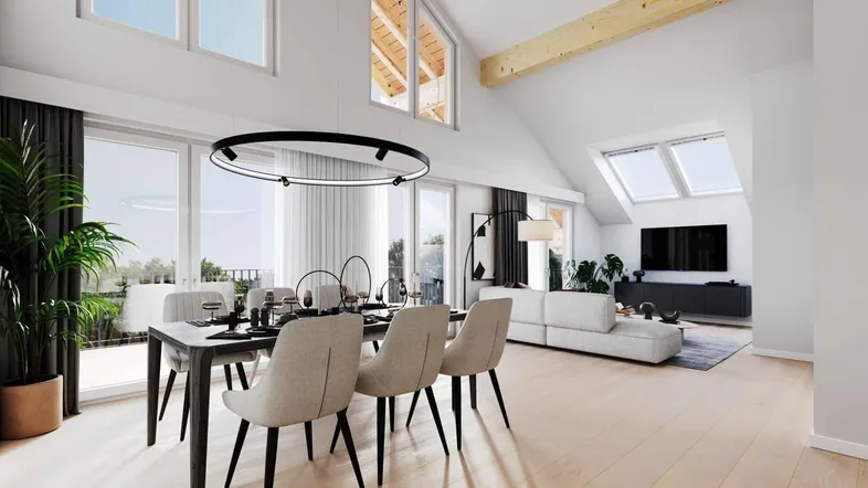 Heller, offener Wohn- und Essbereich mit großen Fenstern, Holzbalken und modernem Design.