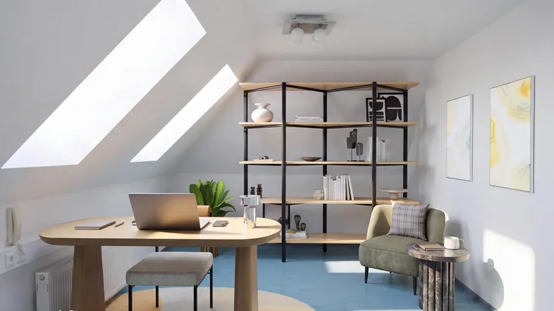 Modernes Dachgeschossbüro mit Schreibtisch, Regal und Dachfenstern, virtuell eingerichtet für eine ansprechende Präsentation.