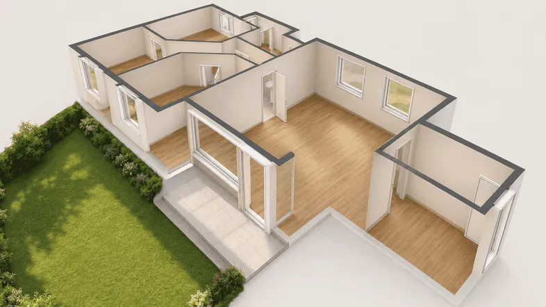 3D-Grundriss des Erdgeschosses mit Garten und Terrasse.