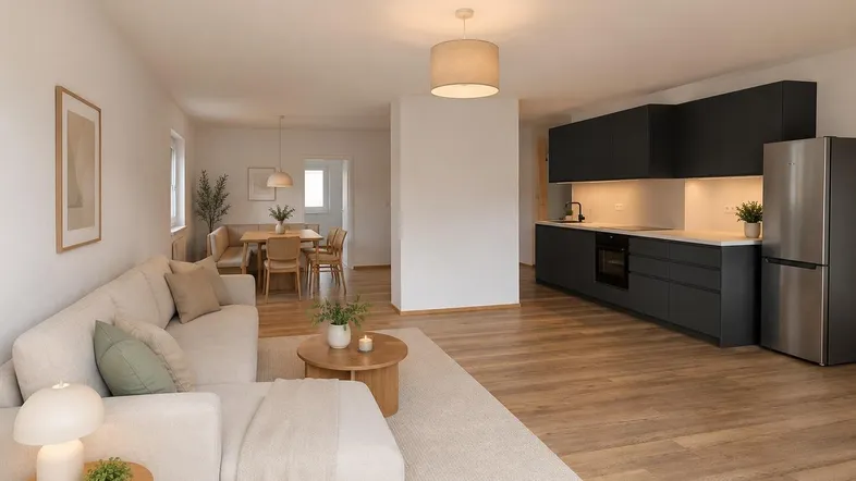 Modernes Wohnzimmer mit offener Küche, Holzboden und gemütlicher Sitzecke, als Einrichtungsbeispiel dargestellt.