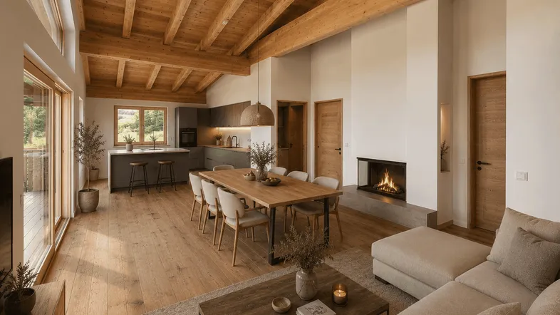 Helles, offenes Wohnzimmer mit Holzbalkendecke, Kamin und integrierter Küche.