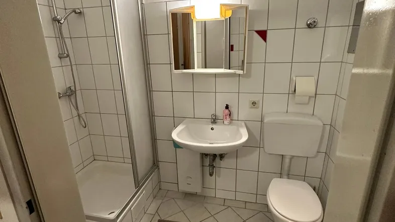 Funktionales Badezimmer mit Duschkabine, WC und Waschbecken, ausgestattet mit weißen Fliesen und Gewölbedecke.