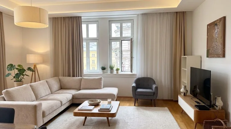 Helles Wohnzimmer mit beigem Ecksofa, Holzboden und Blick auf die Stadt.