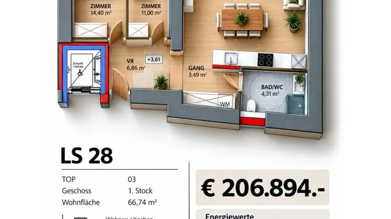 Grundriss einer modernen Wohnung mit offenem Wohn-/Kochbereich, zwei Schlafzimmern und einem Badezimmer.
