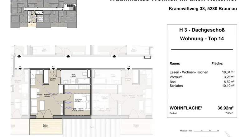Grundriss des Dachgeschosses, Wohnung Top 14, mit Wohn-Kochbereich und Balkon.