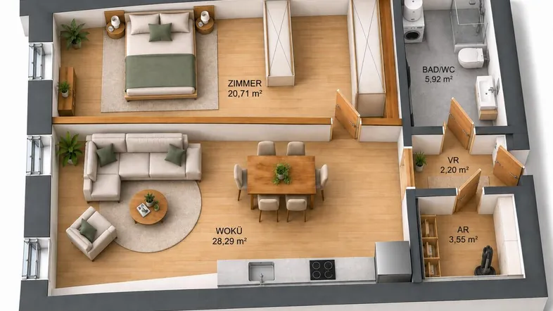 3D-Grundriss einer modernen Wohnung mit Schlafzimmer, offenem Wohn-Essbereich und Badezimmer.