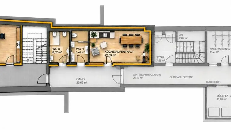 Detaillierter Grundriss des Erdgeschosses mit Büros, Küche, Sanitärbereichen und Lagerflächen.