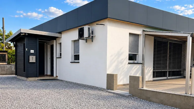 Modernes Einfamilienhaus mit weißer Fassade, dunklem Flachdach und Kiesauffahrt.