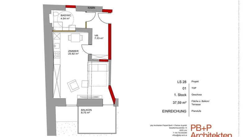 Grundriss einer Wohnung mit offenem Wohnbereich, integrierter Küche, Bad und Balkon.