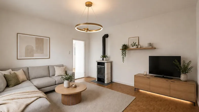 Helles Wohnzimmer mit modernem Kaminofen, beigem Sofa und Parkettboden.