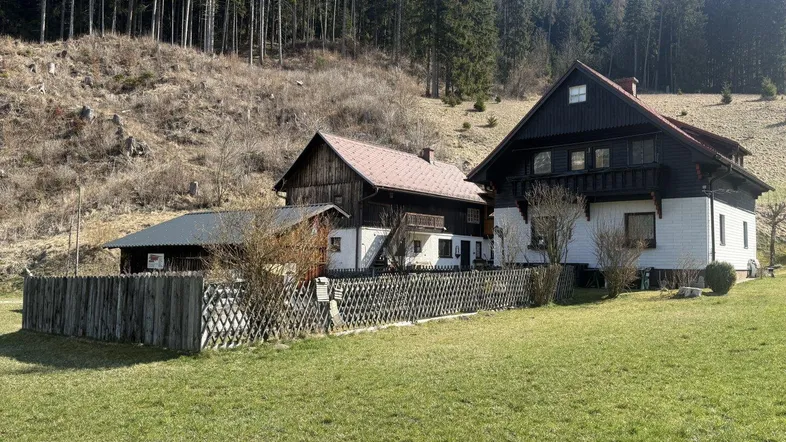 Ländliches Anwesen mit zwei Gebäuden und Wald im Hintergrund, umgeben von grünen Wiesen.