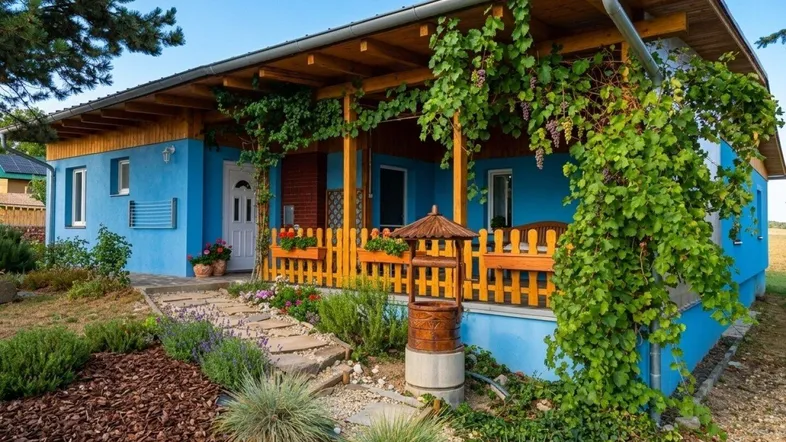 Blaues Haus mit überdachter Holzveranda, umgeben von einem gepflegten Garten und Pflanzen.