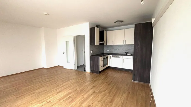 Heller offener Wohnbereich mit integrierter Küche und Parkettboden, ideal für modernes Wohnen.